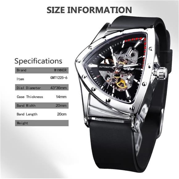 Triangular Gold Shield Automatic Mechanical Watch, Oversized Dial Fully Hollowed - Picture 2 of 6